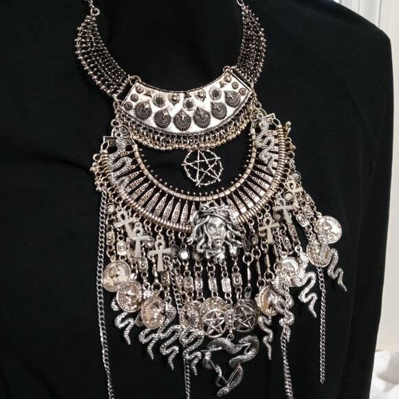 Goth Occult Medusa Statement Bib Necklace - Picture 5 of 10